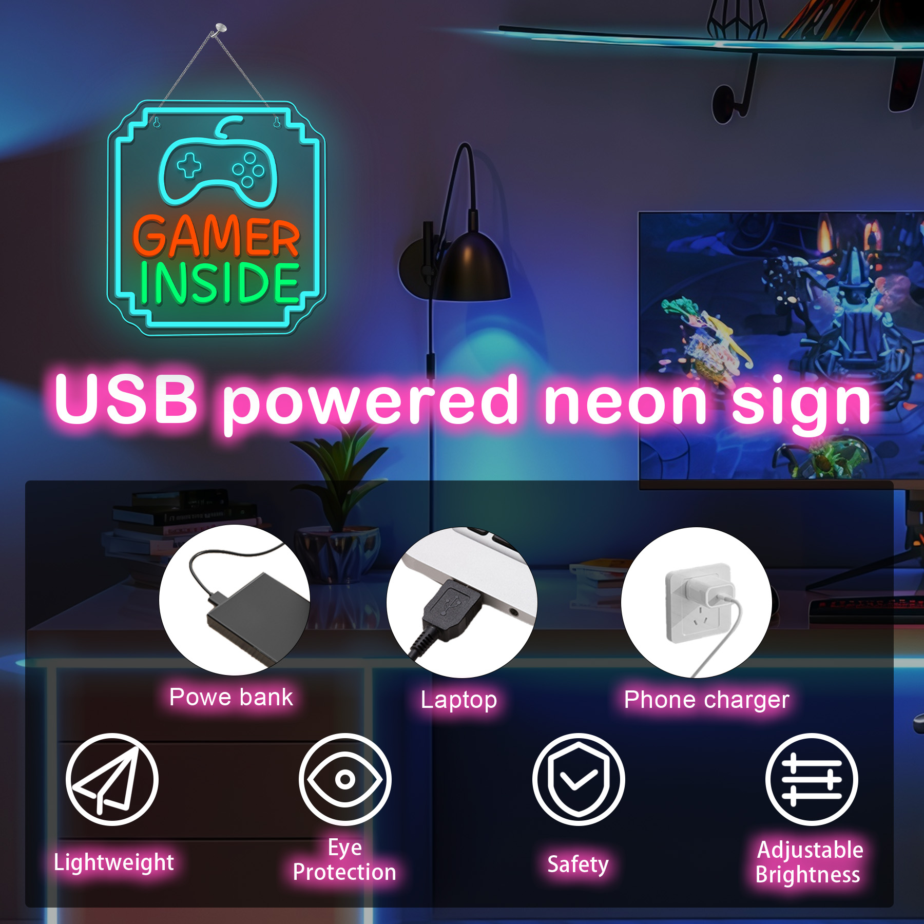 Gamer Inside Neon Sign Dimmabl - Bedroom Lighting Decor Ideas 评论和价格